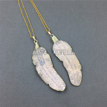 MY0988 Natural Carved Chrysanthemum Stone Feather Shape Pendant Necklace With Gold Color Chain kolye 2024 - buy cheap