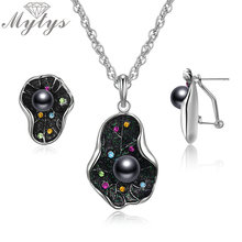 Mytys-pendientes brillantes de hoja Noble para mujer, collar con cristal colorido y perla negra en la hoja, conjuntos de joyería Retro con estilo, CN515 2024 - compra barato