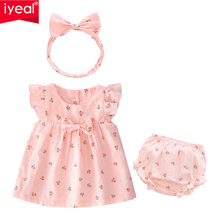 IYEAL-vestido con estampado de algodón para niña, vestidos de niña pequeña, pantalones cortos, diadema, conjunto de ropa para niña pequeña 2024 - compra barato