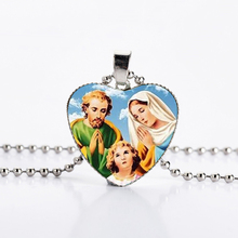Clássico jesus virgem maria prata cor corrente colar de vidro forma do coração pingentes colares para mulheres homens fé cristã jóias 2024 - compre barato