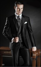 Terno de noivado com lapela e corte, padrinho de noite/casamento preto brilhante (jaqueta + calça + colete) b135 2024 - compre barato