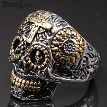 Punk Rock Gold Stainless Steel Premium Skull Biker Ring Men Big Size 13 14 15 Cross Jewelry 2024 - buy cheap