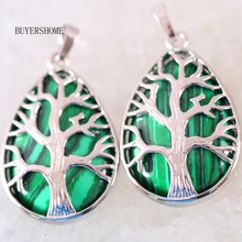 Silver Color Tree of life Water Drop Natural Stone Bead Green Malachite Necklace Pendant 1Pcs K437 2024 - buy cheap