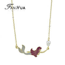 FANHUA Fashion Gold-Color Chain with Simulated-pearl Gray Winered Enamel Mermaid Pendant Necklace For Women 2024 - buy cheap