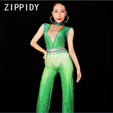 New Glisten Green Rhinestones Stretch Jumpsuit Female Singer Show Bodysuit Women's Birthday Outfit Sexy One Piece Clothing 2024 - buy cheap