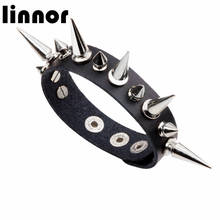 Linnor Homme Punk Rock Cone Stud Spikes Rivet Bangle Bracelet Gothic Cuff Leather HipHop Pulseiras Masculinos Mujer 2024 - buy cheap