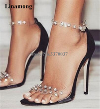 Sandálias de salto stiletto luxuoso com strass, dedo aberto pvc, tira de tornozelo, fivela de cristal, salto alto, sandálias de casamento 2024 - compre barato