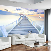 Papel de parede com mural personalizado em qualquer tamanho, moderno pôr-do-sol, ponte de madeira, visão do mar, sala de estar, tv, sofá, quarto, espaço, 3d 2024 - compre barato