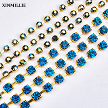 50 Meters/Lot Glass Crystal Rhinestone Cupchain Green AB/Blue Zircon Color Stone With Gold Metal Base Strass Trim Square Plating 2024 - buy cheap