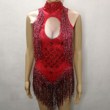 4 Colors Sleeveless Sparkly Rhinestones Bodysuit Silver red Glass Stones Tassels Jumpsuit Sexy Female Nightclub DJ DS Costumes 2024 - buy cheap
