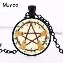 Wicca Broom Pentagram Necklace Pentacle Pendant Wiccan Witch Jewelry Glass Cabochon Round Statement Long Chain Necklace HZ1 2024 - buy cheap