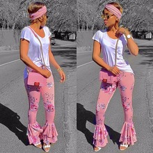 Boho Summer New Fashion Pink Floral Printing Flare Pants Women Flower Ruffled Draped Pants Ladies Wide Leg Slim Pants Hot Trouse 2024 - buy cheap