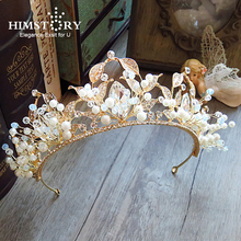 Роскошная винтажная Свадебная повязка на голову HIMSTORY ручной работы, Золотая жемчужная корона для волос с кристаллами, свадебная бижутерия для волос 2024 - купить недорого