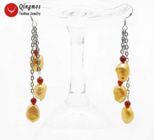 Qingmos 3 Pieces Natural Pearl Earrings for Women with 7-9mm Orange Baroque Freshwater Pearl Dangle 3" Earrings Jewelry ear544 2024 - buy cheap