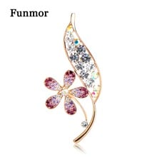 Funmor Splendid Flower With Leaf Shape Brooches For Women Girl Purple Crystal Corsage Banquet Shirt Dress Accessories Lapel Pins 2024 - buy cheap