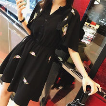 Женское шифоновое платье с цветочной вышивкой большого размера, повседневное свободное платье-рубашка с оборками и эластичной талией во французском ретро стиле, Elbise f581 2024 - купить недорого