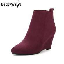 Wedges Women Ankle Boots High Heels Flock Winter Boots Solid Pointed Toe Shoes Woman Botas Mujer Plus Size 34-43  WSH2141 2024 - buy cheap