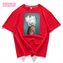Женская футболка из 95% хлопка с цветком и перьями, летняя футболка с коротким рукавом и круглым вырезом, футболка с принтом Harajuku, повседневные Модные женские топы 2024 - купить недорого