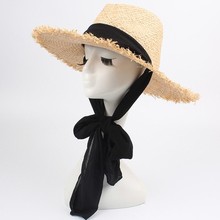 Tejido hecho a mano de rafia sombrero de sol de las mujeres negro cinta de ala grande sombrero de Paja de verano sombrero de mujer gorro de playa de verano H3 2024 - compra barato