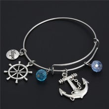 1pc Nautical Jewelry Silver Color Anchor Charms Bangle Bracelet With Blue Beads Gift For Men E2189 2024 - buy cheap