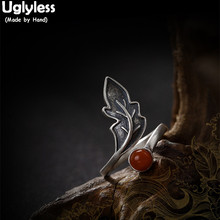 Uglyless-Plata de Ley 925 auténtica de ágata naranja Natural para mujer, anillos abiertos Vintage, anillo tailandés plateado de hoja étnica exagerada, joyería 2024 - compra barato