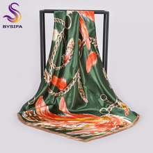 [BYSIFA] New Silk Scarf For Women Foulard Fashion Luxury Brand Shawls Hijabs 90*90cm Winter Orange Green Large Square Scarves 2024 - buy cheap