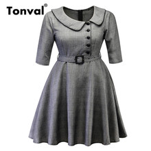 Tonval Vintage Clothes Plaid Casual Women Office Lady Button Front Dress 2021 Elegant Belted Retro Dresses 2024 - buy cheap