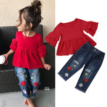 Bebê da criança meninas moda verão roupas casuais define 1-6y pétala manga vermelha t-shirts topos floral impressão azul buraco calças 2024 - compre barato