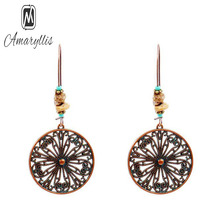 Amaiyllis Antique Vinatge Hollow Round Pendant Dangle Earrings For Women Ethnic Alloy Flower Drop Earrings Stone Beads Earrings 2024 - buy cheap