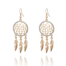 Gold Feather Tassel Vintage Dangle Earring Hollow Dreamcatcher Crystal Earrings For Women Bijoux Fashion Accessories Gift 2019 2024 - buy cheap