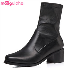 Masgulahe autumn boots thick heels round toe slip on ankle boots concise office lady genuine leather boots charm women shoes 2024 - buy cheap