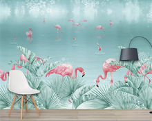 Papel de parede beibehang 3d grande feito à mão, pintado à mão, floresta tropical, flamingo, quarto de criança, plano de fundo 2024 - compre barato