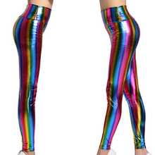 women high street rainbow striped leggings push up high waist neon fake leather skinny leggings lady dancing rock disco pant 2024 - buy cheap