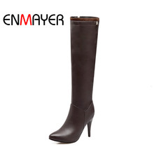 ENMAYER New Arrival Fashion women pointed toe zip knee high boots lady solid thin heel boots Big size 34-43 ZYL662 2024 - buy cheap