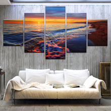 Pintura em tela arte de parede decoração de casa 5 peças, incrível pôr do sol praia mar onda hd moderna impresso imagens de paisagem cartaz 2024 - compre barato