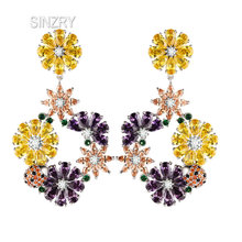 Sinzry brincos pendentes vintage elegantes de zircônia clássica colorida flor ol brincos criativos da moda para mulheres 2024 - compre barato