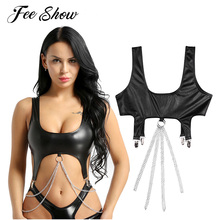 Womens Sexy PU Leather Bralette Bra Crop Top Wide Shoulder Straps with Metal Tassel Chain and Clips Vest Tank Crop Tops Clubwear 2024 - buy cheap