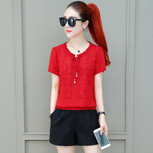 Women Spring Summer Style Chiffon Blouses Shirts Lady Casual Stand Collar Bow Tie Embroidery Short Sleeve Blusas Tops DF2771 2024 - buy cheap