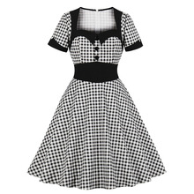 Rockabilly vestido retrô com estampa gingham, vestido de verão 2019, alça no pescoço, botão, algodão, casual, túnica, vintage, tamanho grande, mulheres, vestidos xadrez 2024 - compre barato