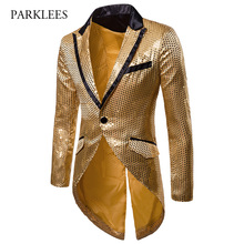 Mens Shiny Gold Sequin Glitter Tailcoat Jacket Brand New Slim Fit One Button Long Tuxedo Blazer Party Stage Singer Costume Homme 2024 - buy cheap