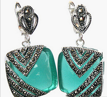 Bridal jewelry free shipping hot sell Natural Green Opal Cat Eye Stone Marcasite Earrings 2024 - buy cheap