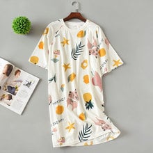 Falda de dormir de algodón de manga corta para mujer, largo y fresco suelto vestido de noche, ropa de dormir de dibujos animados, ropa de noche, Verano 2024 - compra barato