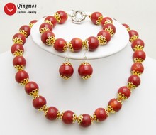 Qingmos натуральный красный коралл ожерелье для женщин с 9-10 мм круглые коралловые серьги & ожерелье & браслет ювелирный набор nec6462 Бесплатная доставка 2024 - купить недорого