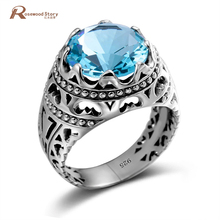 Massive Genuine Silver Ring For Men Retro Sterling Silver 925 Male Blue Topaz Rings Round Stone Vintage Men's Jewelry Byzantine 2024 - buy cheap