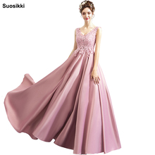 Suoskki-vestido de cetim, novo, luxo, renda rosa, bordado, comprido até o chão, decote em v, elegante, formal, baile 2024 - compre barato
