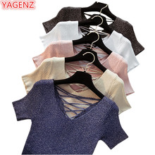 Yagenz suéter feminino de manga curta, blusa feminina para verão, roupas, pulôver, renda, fina, de malha, gola v, k7 2024 - compre barato