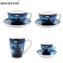 Van gogh-conjunto de xícaras de café estrelado com céu europeu, canecas, café, pires, arte em cerâmica, latte, para casa, escritório, tarde, teacup 2024 - compre barato