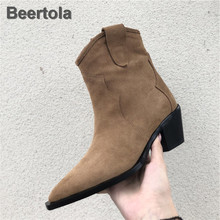 Botas de couro caqui mulheres genuíno dedo do pé apontado calcanhar médio tornozelo botas de salto quadrado grosso deslizamento em botas ocidentais botas de cowboy 2024 - compre barato