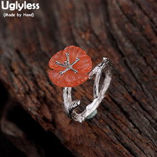 Uglyless-Anillos abiertos de rama hechos a mano para mujer, Plata de Ley 925 100% auténtica de ágata Natural, anillo de flor de ciruela roja, joyería Floral 2024 - compra barato