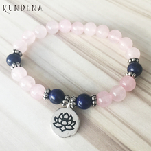 Abalorio floral para mujer, pulsera de Lotus Mala, lapislázuli de muñeca y colgante de cuarzo rosa, cuentas de Piedra Rosa con Buda Yoga 2024 - compra barato